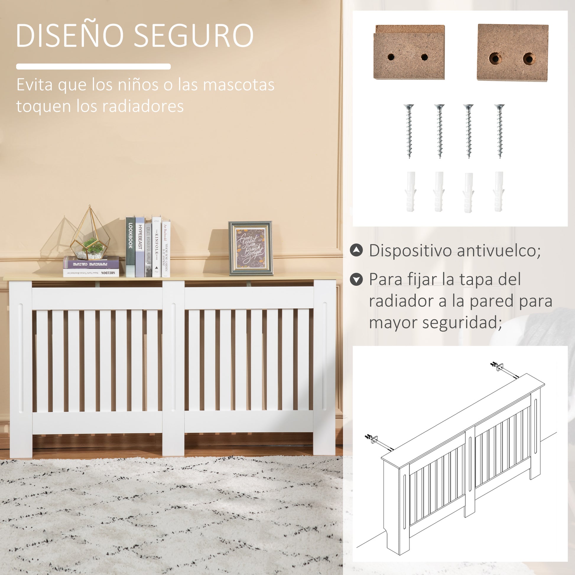 Radiator Cover 152x19x83 cm MDF Radiator Cabinet with Anti-Tip Device Modern Design for Living Room Bedroom White