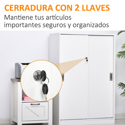 Practical Office Cabinet with 2 Sliding Doors Keys and 3 Shelves for Office Study 80x40x120 cm White