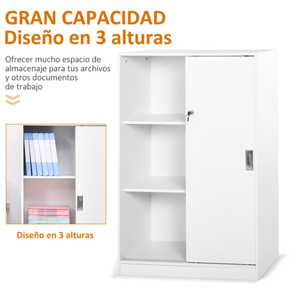 Practical Office Cabinet with 2 Sliding Doors Keys and 3 Shelves for Office Study 80x40x120 cm White