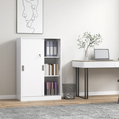 Practical Office Cabinet with 2 Sliding Doors Keys and 3 Shelves for Office Study 80x40x120 cm White
