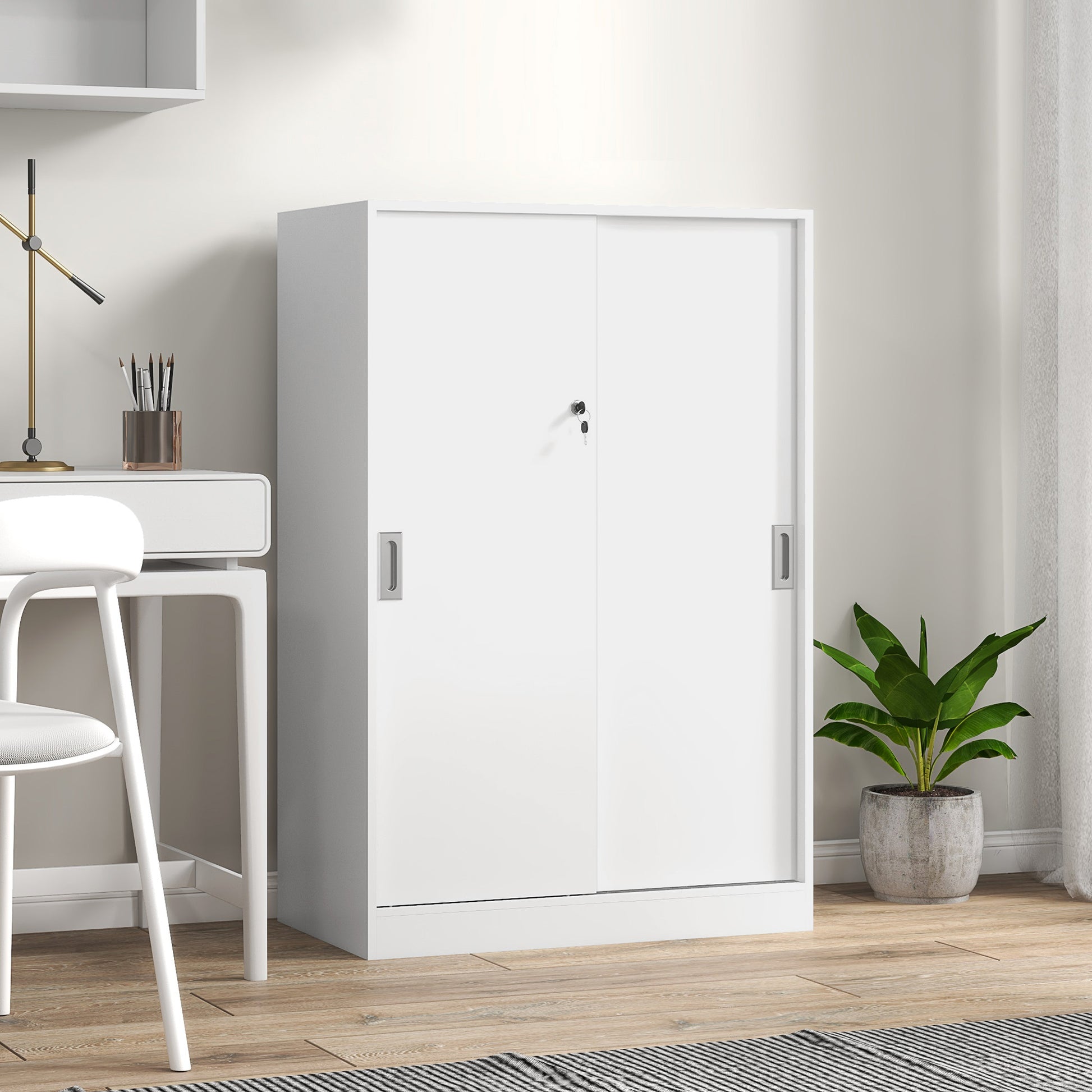 Practical Office Cabinet with 2 Sliding Doors Keys and 3 Shelves for Office Study 80x40x120 cm White
