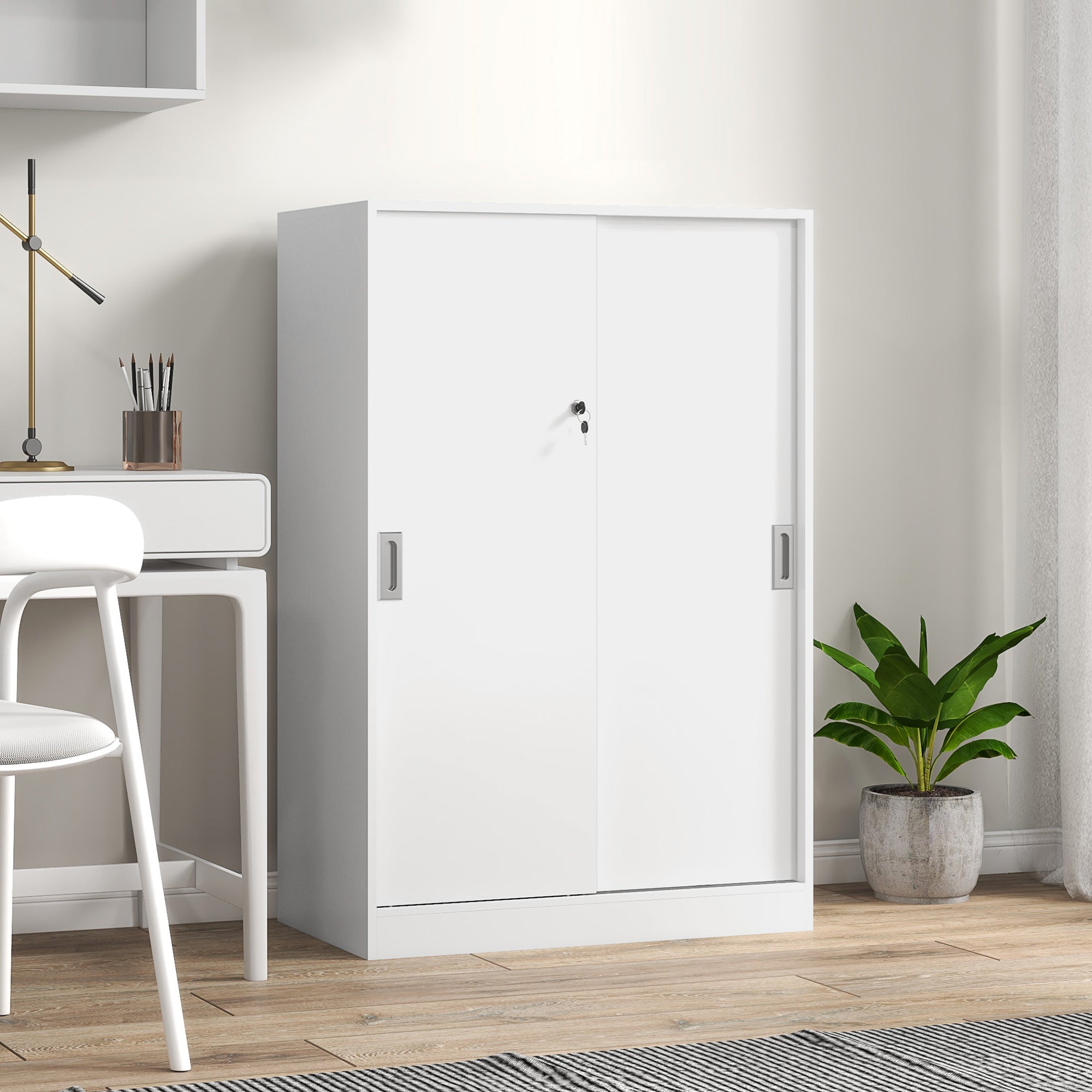 Practical Office Cabinet with 2 Sliding Doors Keys and 3 Shelves for Office Study 80x40x120 cm White