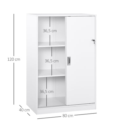 Practical Office Cabinet with 2 Sliding Doors Keys and 3 Shelves for Office Study 80x40x120 cm White