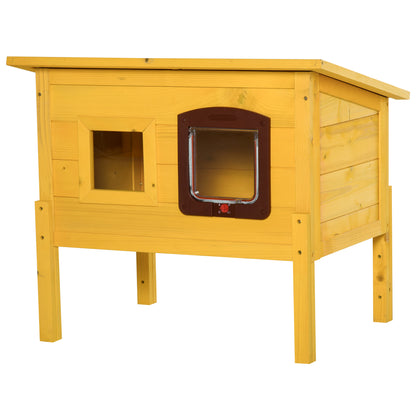 Wooden Cat House, Outdoor Pet Shelter, Water-Resistant Roof with Door and Window, Detachable Feet, Yellow