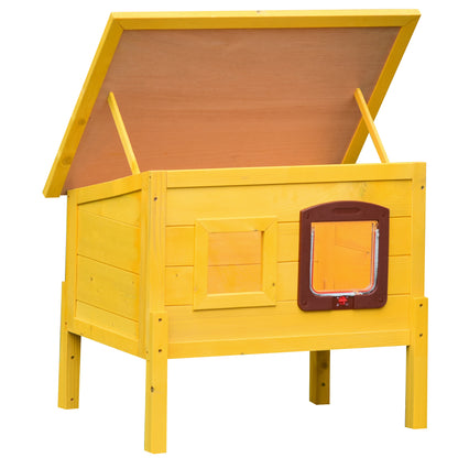 Wooden Cat House, Outdoor Pet Shelter, Water-Resistant Roof with Door and Window, Detachable Feet, Yellow