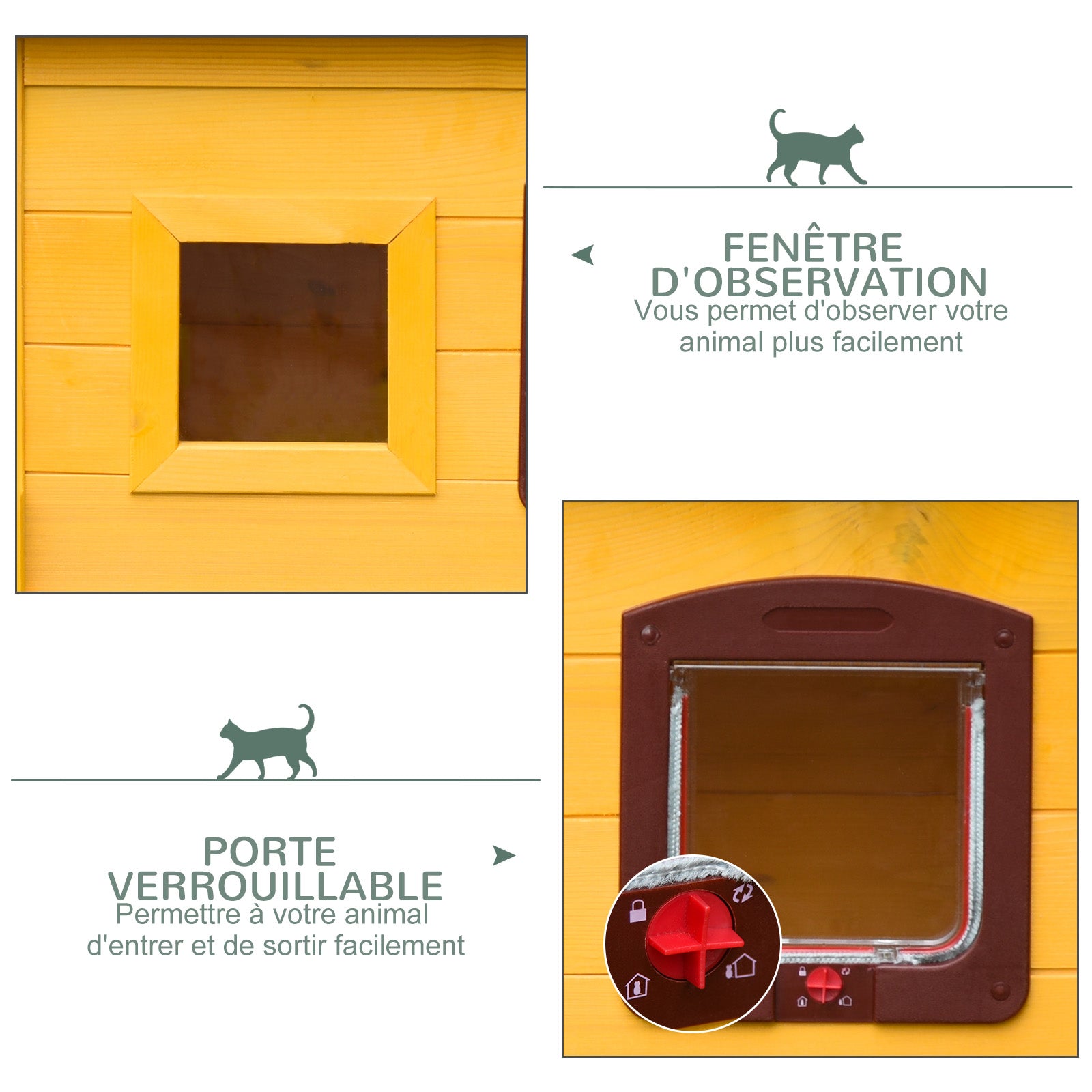 Wooden Cat House, Outdoor Pet Shelter, Water-Resistant Roof with Door and Window, Detachable Feet, Yellow