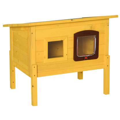 Wooden Cat House, Outdoor Pet Shelter, Water-Resistant Roof with Door and Window, Detachable Feet, Yellow