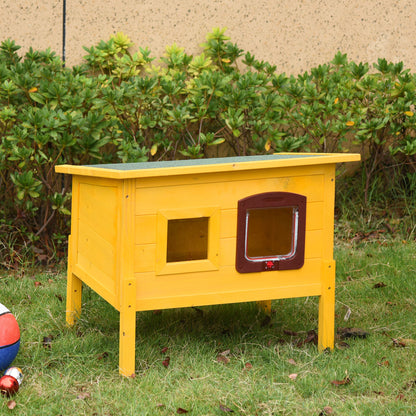Wooden Cat House, Outdoor Pet Shelter, Water-Resistant Roof with Door and Window, Detachable Feet, Yellow