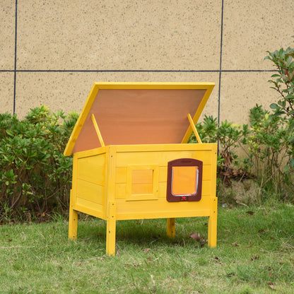 Wooden Cat House, Outdoor Pet Shelter, Water-Resistant Roof with Door and Window, Detachable Feet, Yellow