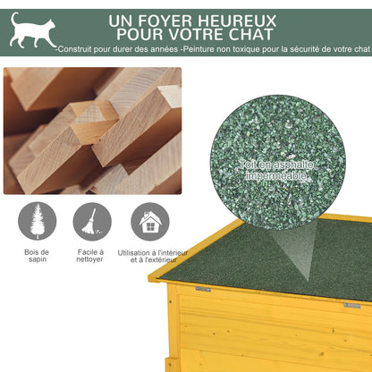 Wooden Cat House, Outdoor Pet Shelter, Water-Resistant Roof with Door and Window, Detachable Feet, Yellow