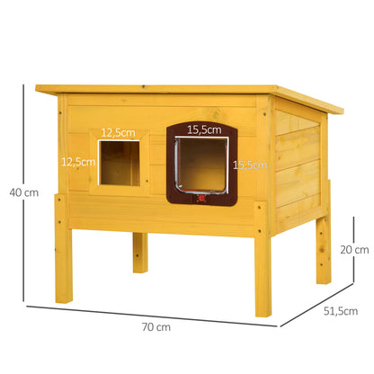 Wooden Cat House, Outdoor Pet Shelter, Water-Resistant Roof with Door and Window, Detachable Feet, Yellow