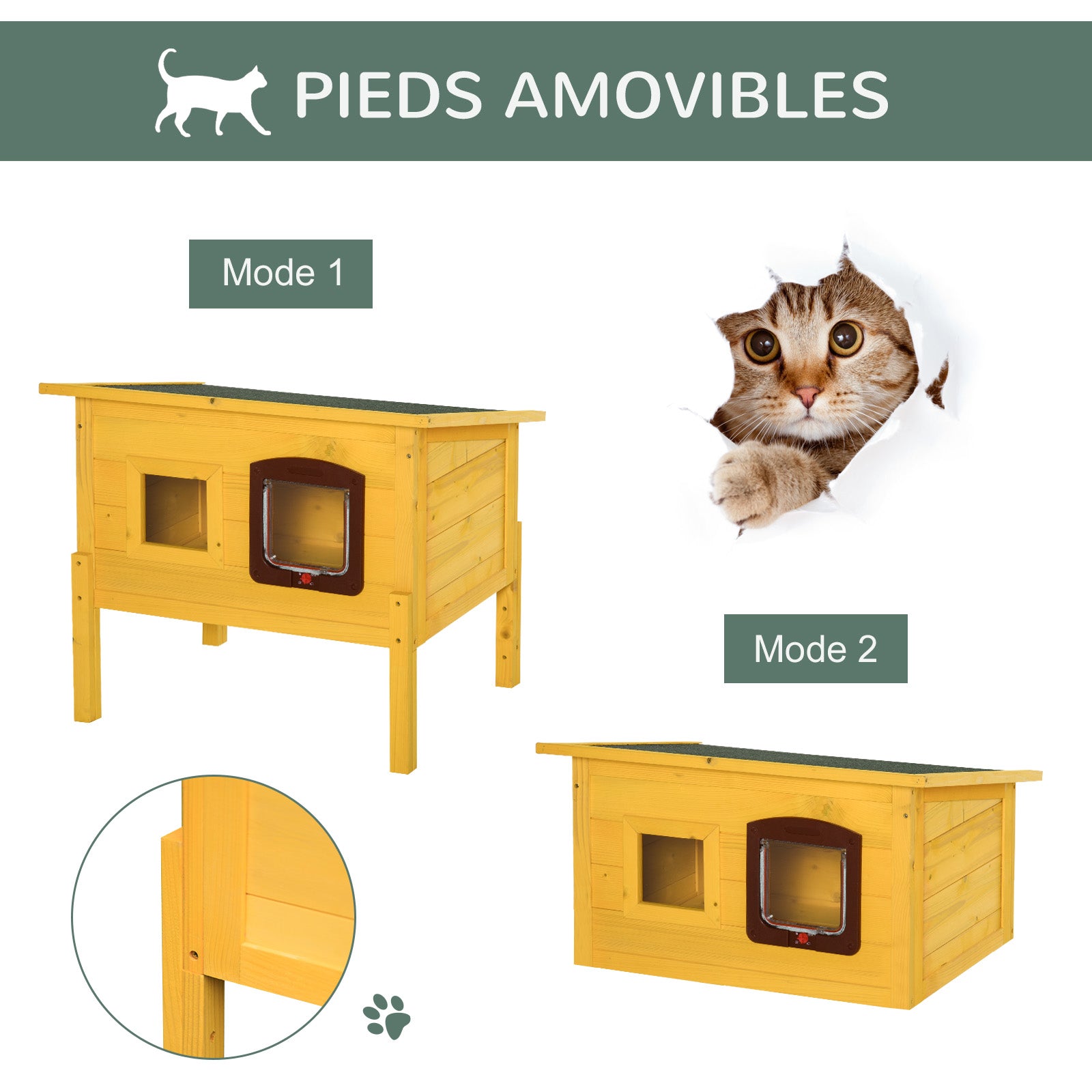 Wooden Cat House, Outdoor Pet Shelter, Water-Resistant Roof with Door and Window, Detachable Feet, Yellow
