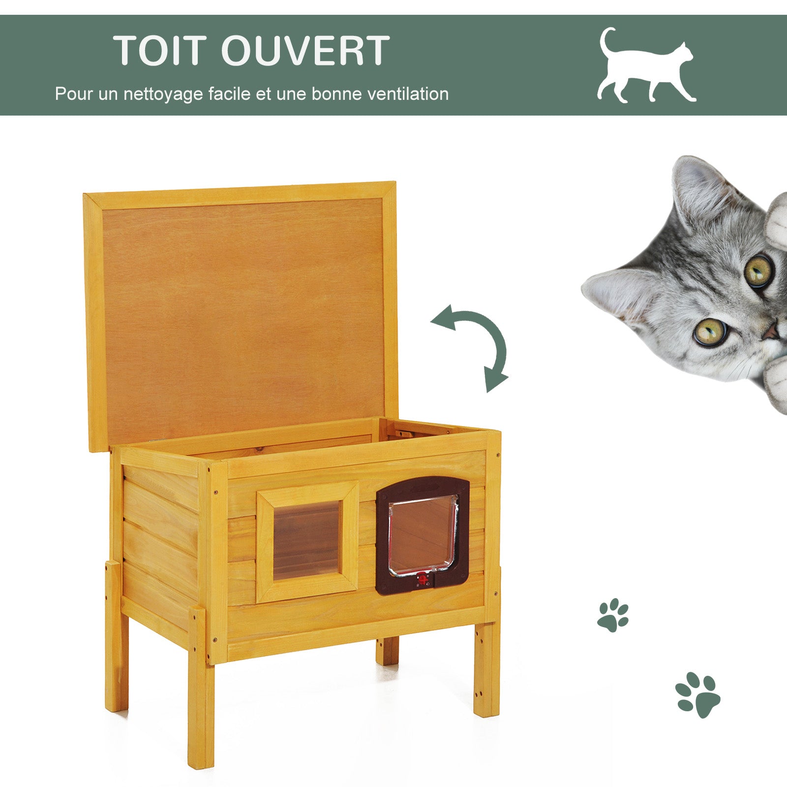 Wooden Cat House, Outdoor Pet Shelter, Water-Resistant Roof with Door and Window, Detachable Feet, Yellow
