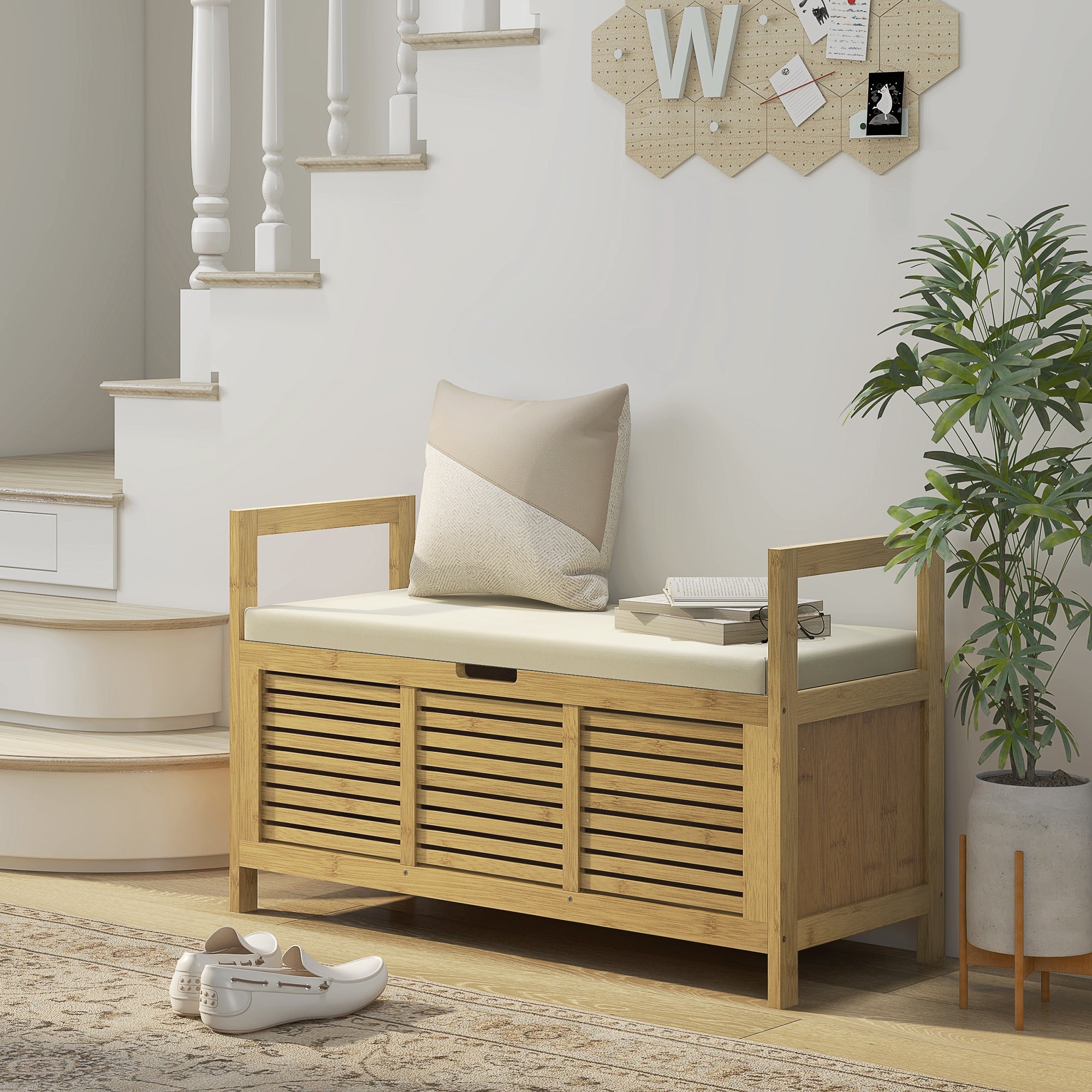 Shoe Bench with Seat, Bamboo, Storage Bench, Coat Rack Bench, Storage Bench for Living Room, Hallway, 100 x 40 x 60 cm, Natural