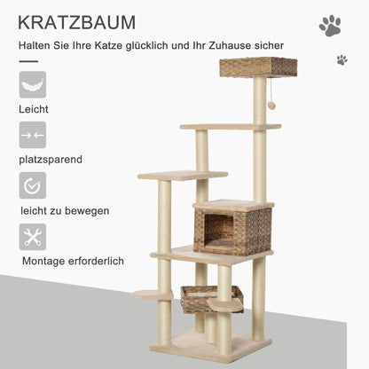 Rattan Cat Tree with Cat Cave Multi-Level Cat Tree Climbing Tree for Cats E1 MDF Sisal Beige+Brown 55 x 55 x 174 cm