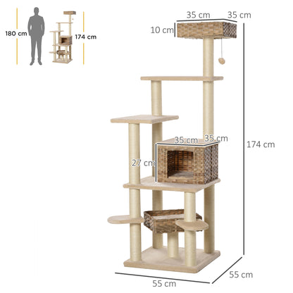 Rattan Cat Tree with Cat Cave Multi-Level Cat Tree Climbing Tree for Cats E1 MDF Sisal Beige+Brown 55 x 55 x 174 cm