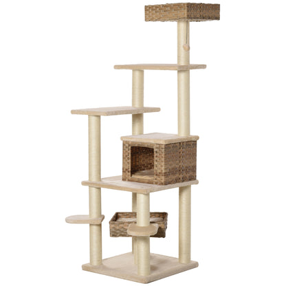 Rattan Cat Tree with Cat Cave Multi-Level Cat Tree Climbing Tree for Cats E1 MDF Sisal Beige+Brown 55 x 55 x 174 cm