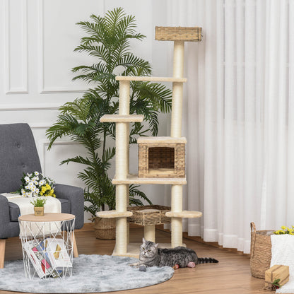 Rattan Cat Tree with Cat Cave Multi-Level Cat Tree Climbing Tree for Cats E1 MDF Sisal Beige+Brown 55 x 55 x 174 cm
