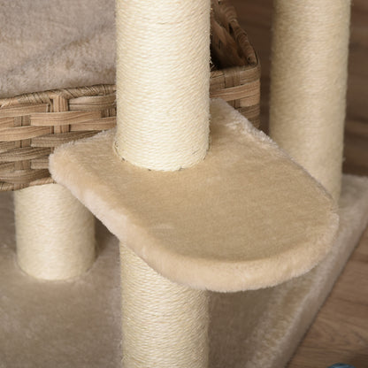 Rattan Cat Tree with Cat Cave Multi-Level Cat Tree Climbing Tree for Cats E1 MDF Sisal Beige+Brown 55 x 55 x 174 cm