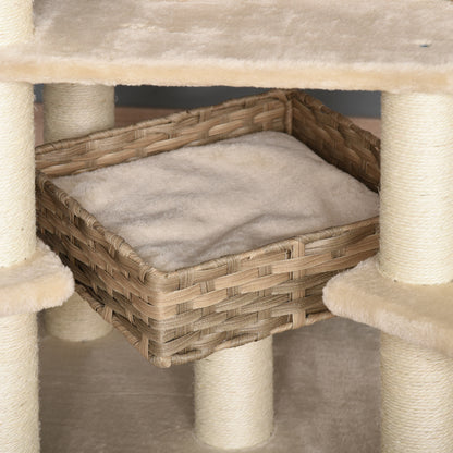 Rattan Cat Tree with Cat Cave Multi-Level Cat Tree Climbing Tree for Cats E1 MDF Sisal Beige+Brown 55 x 55 x 174 cm