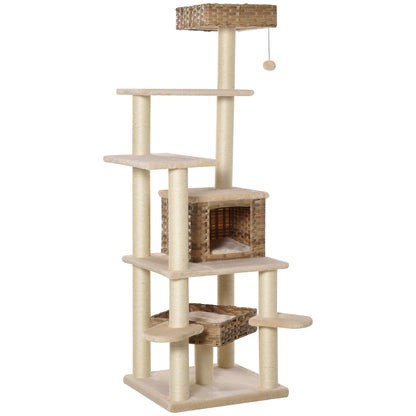 Rattan Cat Tree with Cat Cave Multi-Level Cat Tree Climbing Tree for Cats E1 MDF Sisal Beige+Brown 55 x 55 x 174 cm