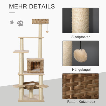 Rattan Cat Tree with Cat Cave Multi-Level Cat Tree Climbing Tree for Cats E1 MDF Sisal Beige+Brown 55 x 55 x 174 cm