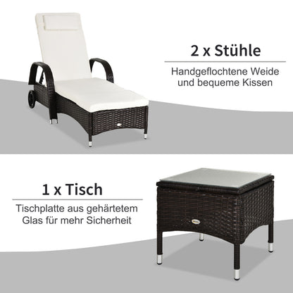 Sun Lounger Garden Table 3-Piece Garden Furniture Set, Poly Rattan+Metal Brown+Cream