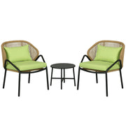3-piece Rattan Garden Furniture Set, Garden Set with 2 Garden Chairs, Side Table, Seating Group with Seat & Back Cushions, for Balcony, Terrace, Steel, Green