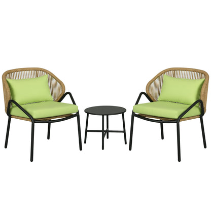 3-piece Rattan Garden Furniture Set, Garden Set with 2 Garden Chairs, Side Table, Seating Group with Seat & Back Cushions, for Balcony, Terrace, Steel, Green