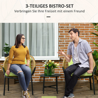 3-piece Rattan Garden Furniture Set, Garden Set with 2 Garden Chairs, Side Table, Seating Group with Seat & Back Cushions, for Balcony, Terrace, Steel, Green