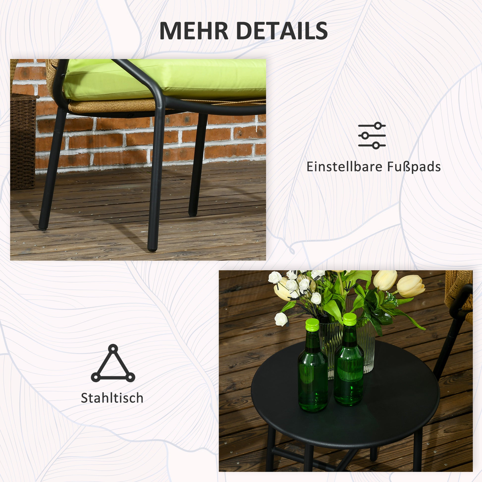 3-piece Rattan Garden Furniture Set, Garden Set with 2 Garden Chairs, Side Table, Seating Group with Seat & Back Cushions, for Balcony, Terrace, Steel, Green