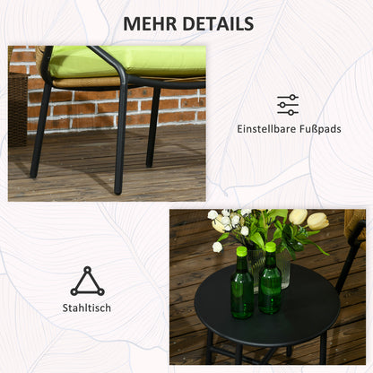 3-piece Rattan Garden Furniture Set, Garden Set with 2 Garden Chairs, Side Table, Seating Group with Seat & Back Cushions, for Balcony, Terrace, Steel, Green
