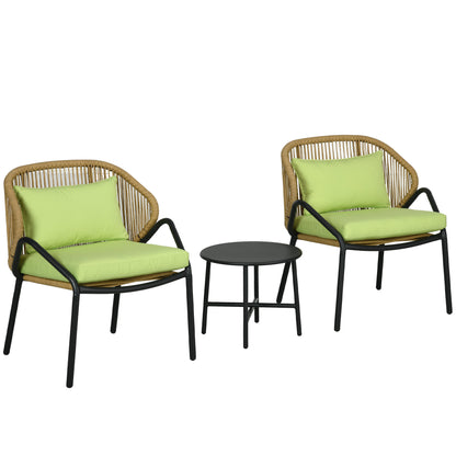 3-piece Rattan Garden Furniture Set, Garden Set with 2 Garden Chairs, Side Table, Seating Group with Seat & Back Cushions, for Balcony, Terrace, Steel, Green