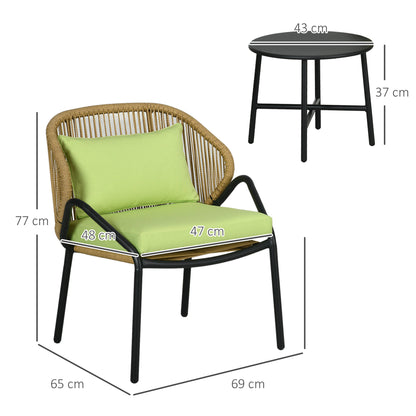 3-piece Rattan Garden Furniture Set, Garden Set with 2 Garden Chairs, Side Table, Seating Group with Seat & Back Cushions, for Balcony, Terrace, Steel, Green