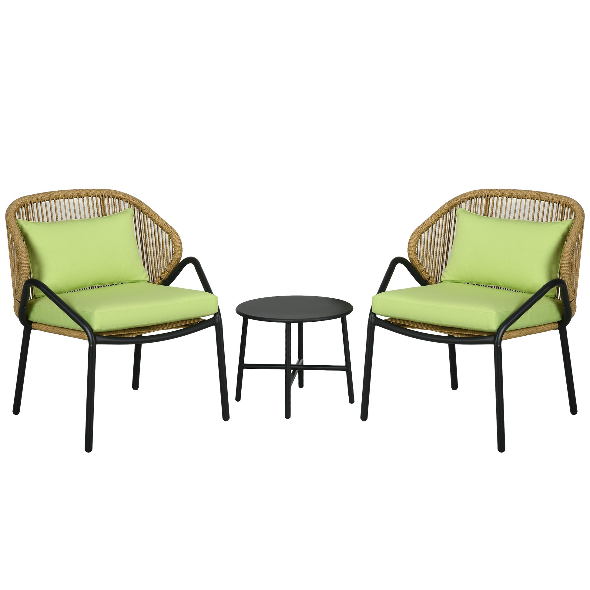 3-piece Rattan Garden Furniture Set, Garden Set with 2 Garden Chairs, Side Table, Seating Group with Seat & Back Cushions, for Balcony, Terrace, Steel, Green