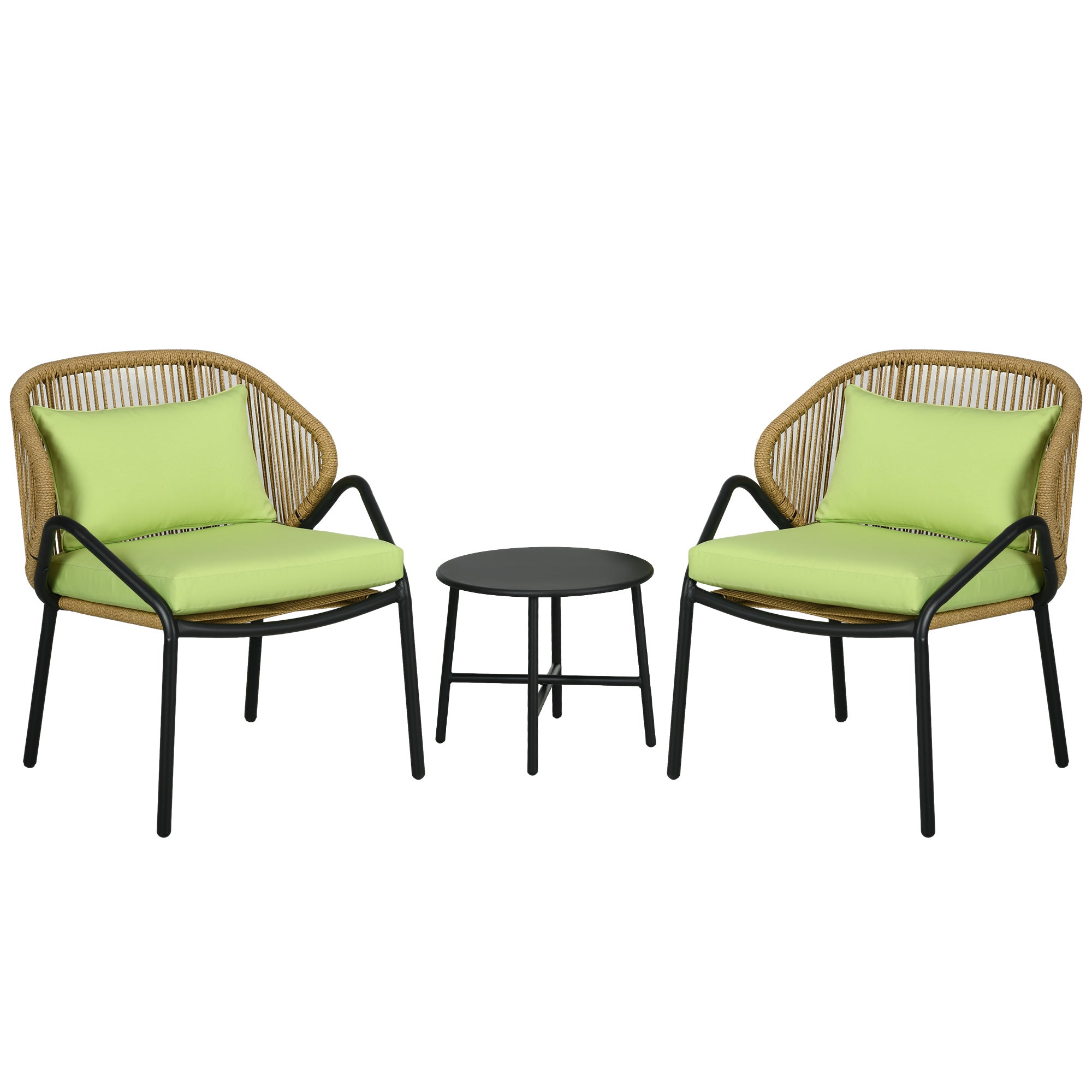 3-piece Rattan Garden Furniture Set, Garden Set with 2 Garden Chairs, Side Table, Seating Group with Seat & Back Cushions, for Balcony, Terrace, Steel, Green