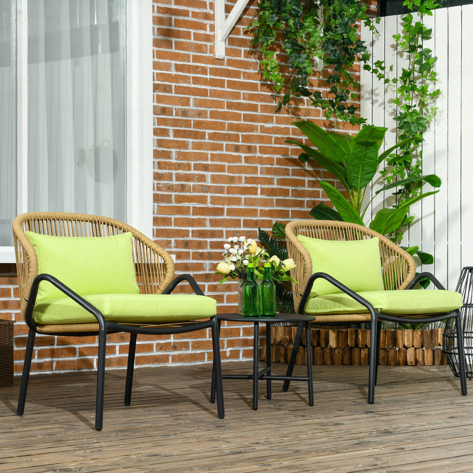 3-piece Rattan Garden Furniture Set, Garden Set with 2 Garden Chairs, Side Table, Seating Group with Seat & Back Cushions, for Balcony, Terrace, Steel, Green