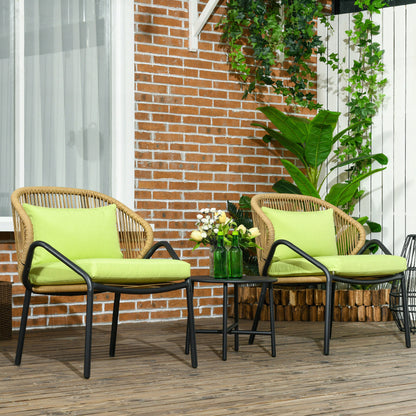 3-piece Rattan Garden Furniture Set, Garden Set with 2 Garden Chairs, Side Table, Seating Group with Seat & Back Cushions, for Balcony, Terrace, Steel, Green