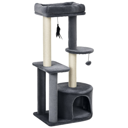 Cat Tree with Natural Sisal Scratching Posts Scratching Pads Activity Center Hiding Spot Platforms 2 Dangling Toys Gray