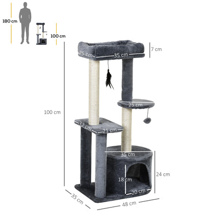 Cat Tree with Natural Sisal Scratching Posts Scratching Pads Activity Center Hiding Spot Platforms 2 Dangling Toys Gray