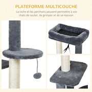 Cat Tree with Natural Sisal Scratching Posts Scratching Pads Activity Center Hiding Spot Platforms 2 Dangling Toys Gray