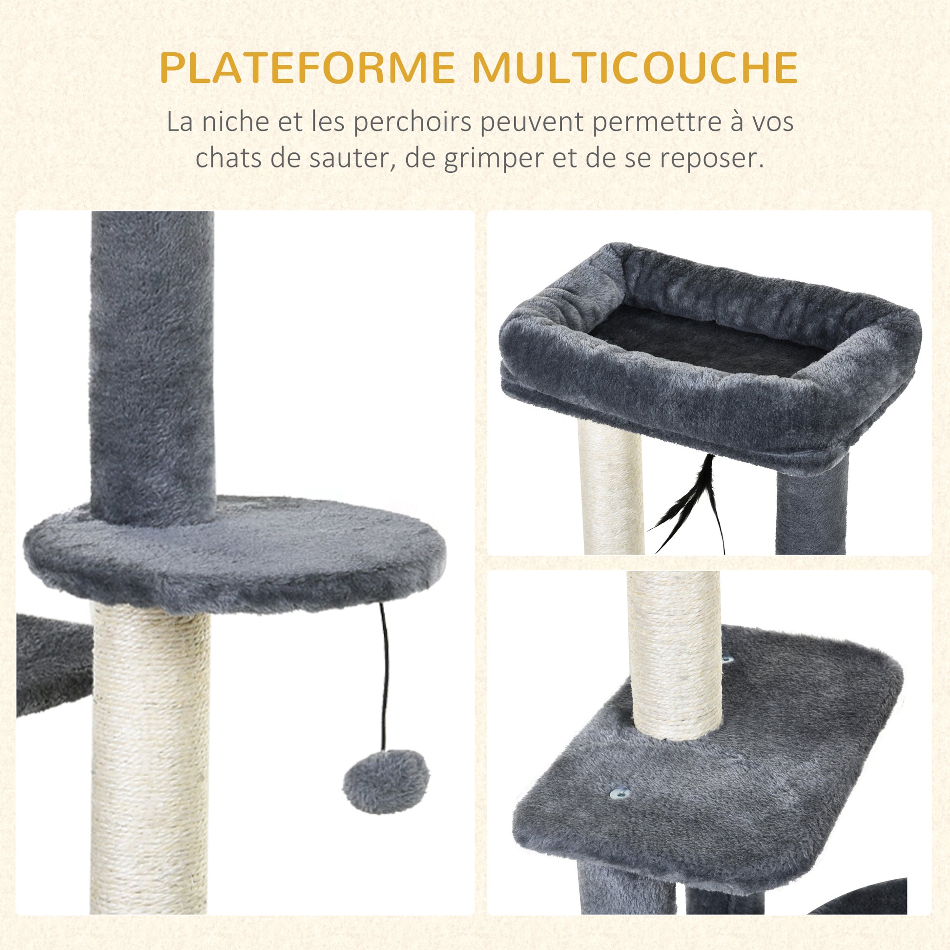 Cat Tree with Natural Sisal Scratching Posts Scratching Pads Activity Center Hiding Spot Platforms 2 Dangling Toys Gray