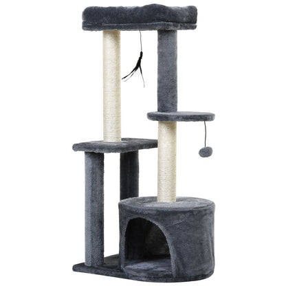 Cat Tree with Natural Sisal Scratching Posts Scratching Pads Activity Center Hiding Spot Platforms 2 Dangling Toys Gray