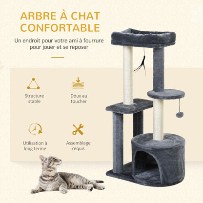 Cat Tree with Natural Sisal Scratching Posts Scratching Pads Activity Center Hiding Spot Platforms 2 Dangling Toys Gray