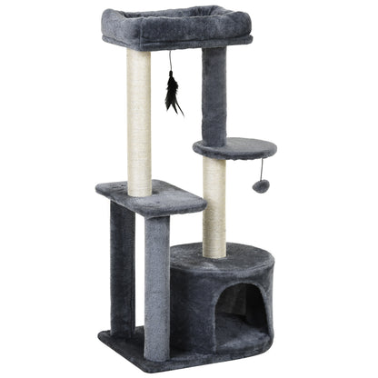 Cat Tree with Natural Sisal Scratching Posts Scratching Pads Activity Center Hiding Spot Platforms 2 Dangling Toys Gray