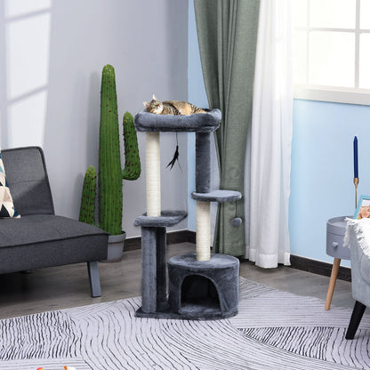 Cat Tree with Natural Sisal Scratching Posts Scratching Pads Activity Center Hiding Spot Platforms 2 Dangling Toys Gray