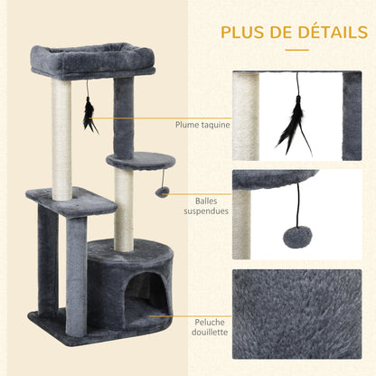 Cat Tree with Natural Sisal Scratching Posts Scratching Pads Activity Center Hiding Spot Platforms 2 Dangling Toys Gray