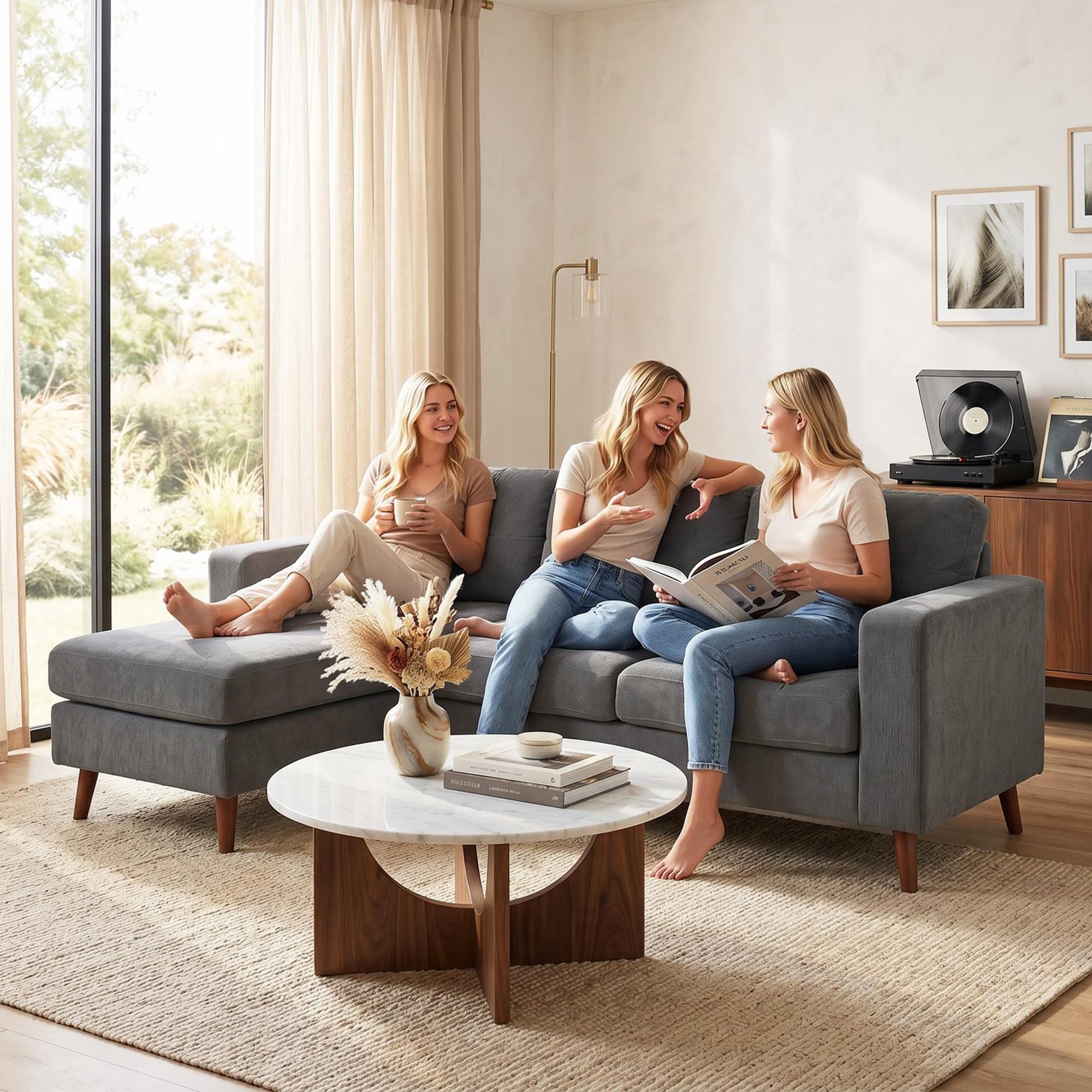 L-Shape Corner Sofa 192 cm (3-Seater) with Reversible Chaise, Corduroy Upholstery, Compact Corner Couch for Small Spaces, Living Room, Dark Gray