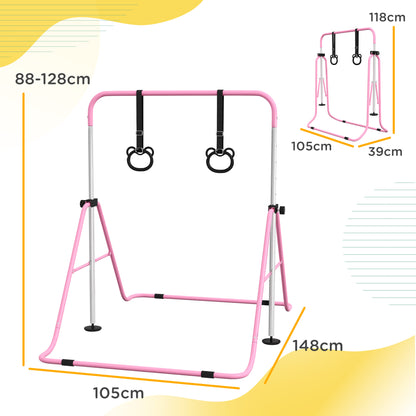 Children's Gymnastics Bar, Horizontal Bar, Adjustable Height Folding Gymnastics Equipment with Gymnastics Rings, Pink