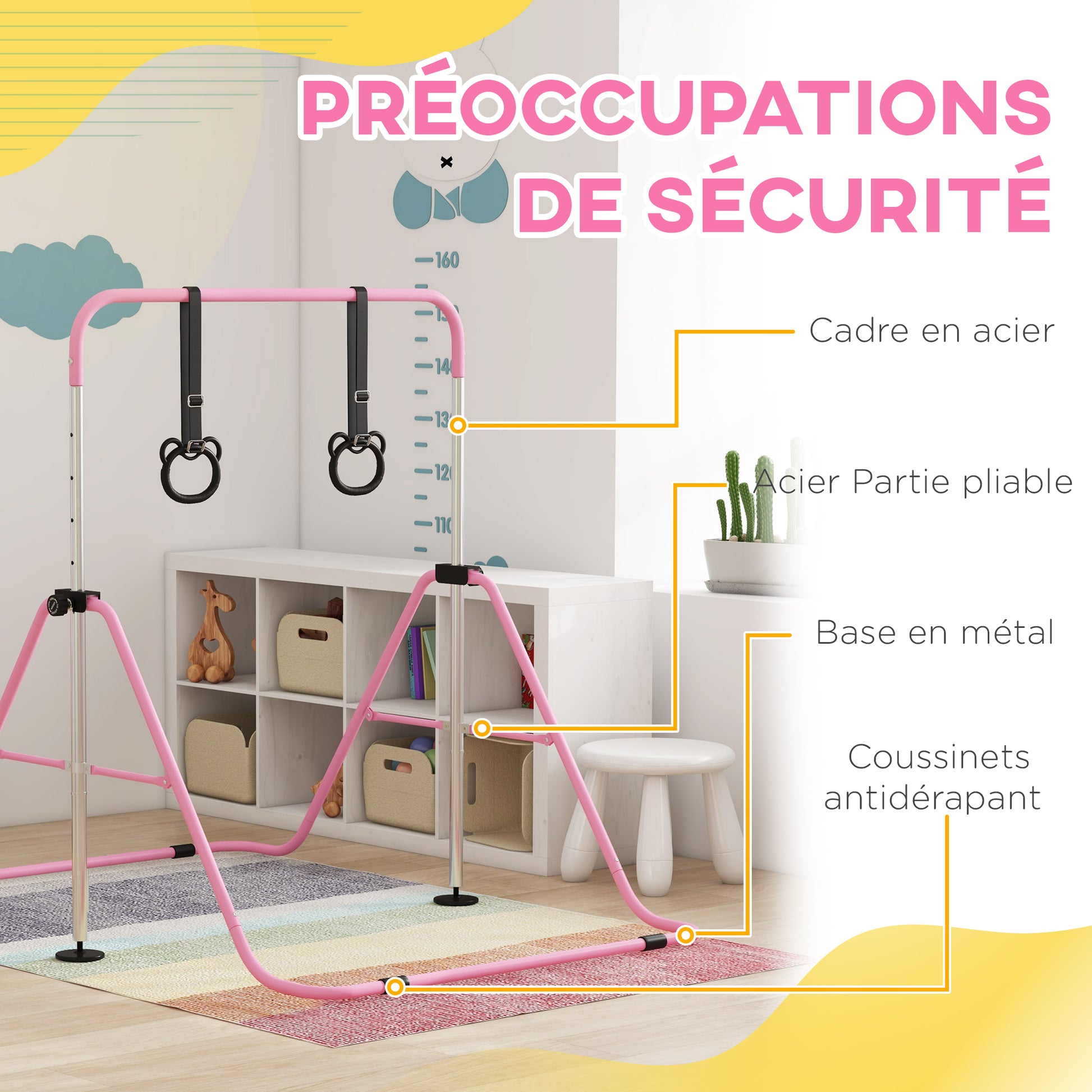 Children's Gymnastics Bar, Horizontal Bar, Adjustable Height Folding Gymnastics Equipment with Gymnastics Rings, Pink